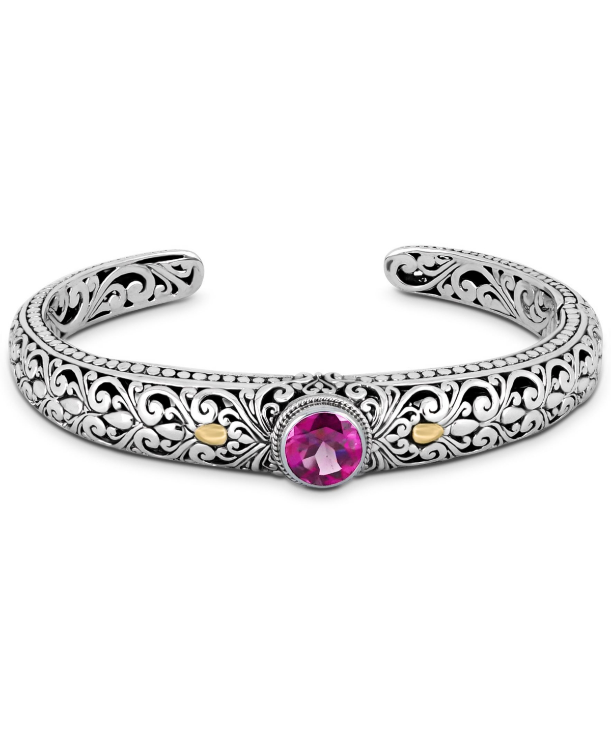 Pink Topaz & Bali Filigree Cuff Bracelet in Sterling Silver and 18K Gold Accents, Small - Silver, gold, pink