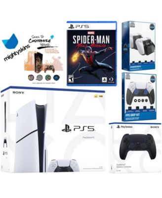 Playstation 5 Slim Disc Bundle with Spider-Man: Miles Morales, Extra Controller, FPS Grip Kit, Dual Charge Dock and MightySkins Decal Voucher