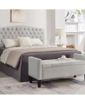 Upholstered Velvet Storage Bench with Nailhead Trim for Entryway, Bedroom & Living Room