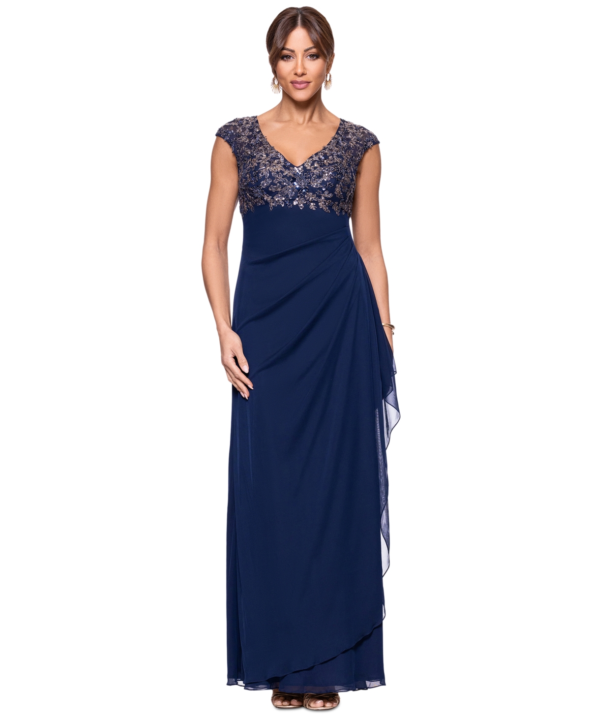 Xscape Petite Beaded Ruched-back Gown In Navy,gunmetal