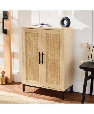 2-Door Natural Rattan 34 x 24in Storage Cabinet for Bathroom, Living, Dining w/ Adjustable Shelves