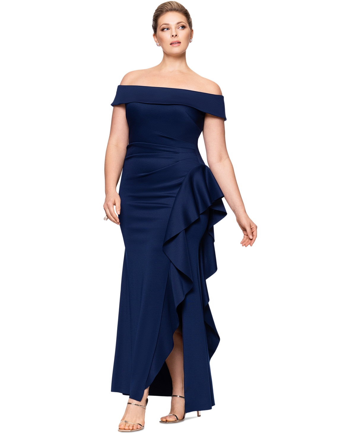 Plus Size Off-The-Shoulder Ruffle-Trim Scuba Gown - Midnight