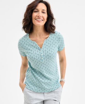 Women's Printed Short-Sleeve Henley T-Shirt, Exclusively at Macy's