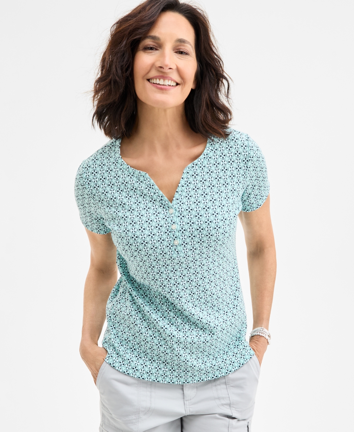 Style & Co Women's Printed Short-sleeve Henley T-shirt, Exclusively At Macy's