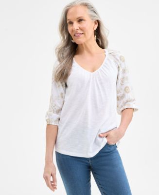 売れ筋商品|||スタイルアンドコー カットソー トップス レディース Women's 3/4 Sleeve V-Neck Floral-Embroidered Top, Exclusively at Macy's Industrial Blue Style & Co Women's 3/4 Sleeve V-Neck Floral-Embroidered Top