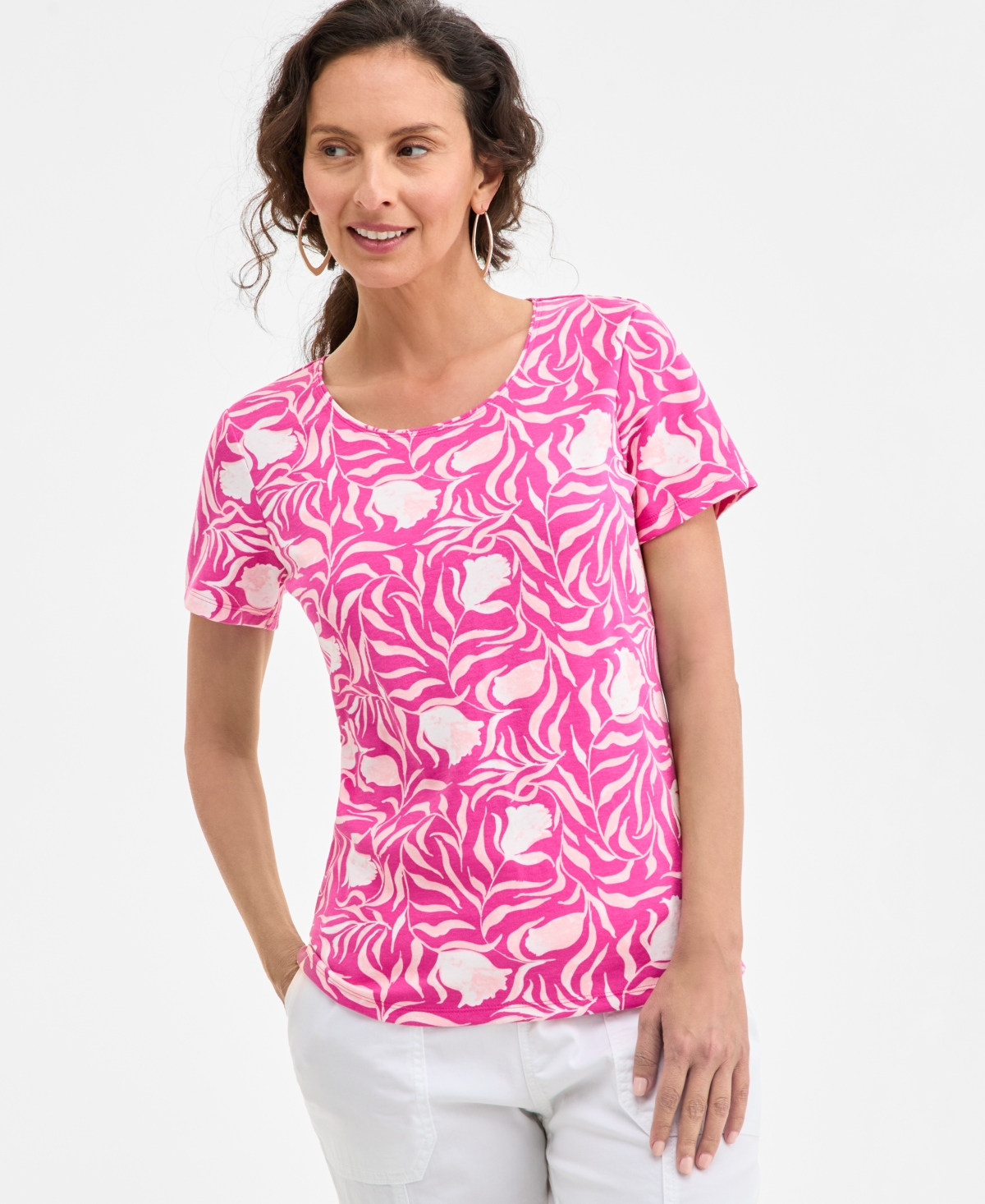 Petite Milo Leaves Printed Short-Sleeve Scoop-Neck T-Shirt, Exclusively at Macy's - Milo Pink