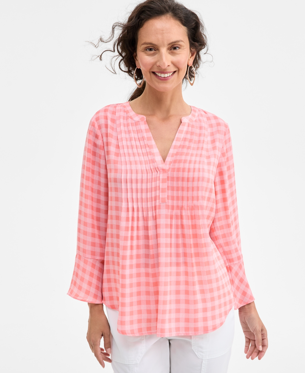 Style & Co Petite Delicate Gingham Pintucked Top, Exclusively At Macy's In Gingham Pink