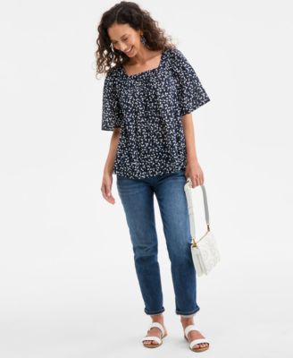 売れ筋商品|||スタイルアンドコー カットソー トップス レディース Petite Square-Neck Top, Exclusively at Macy's Bright White Combo Style & Co Petite Floral Cotton Square-Neck Top, Exclusively