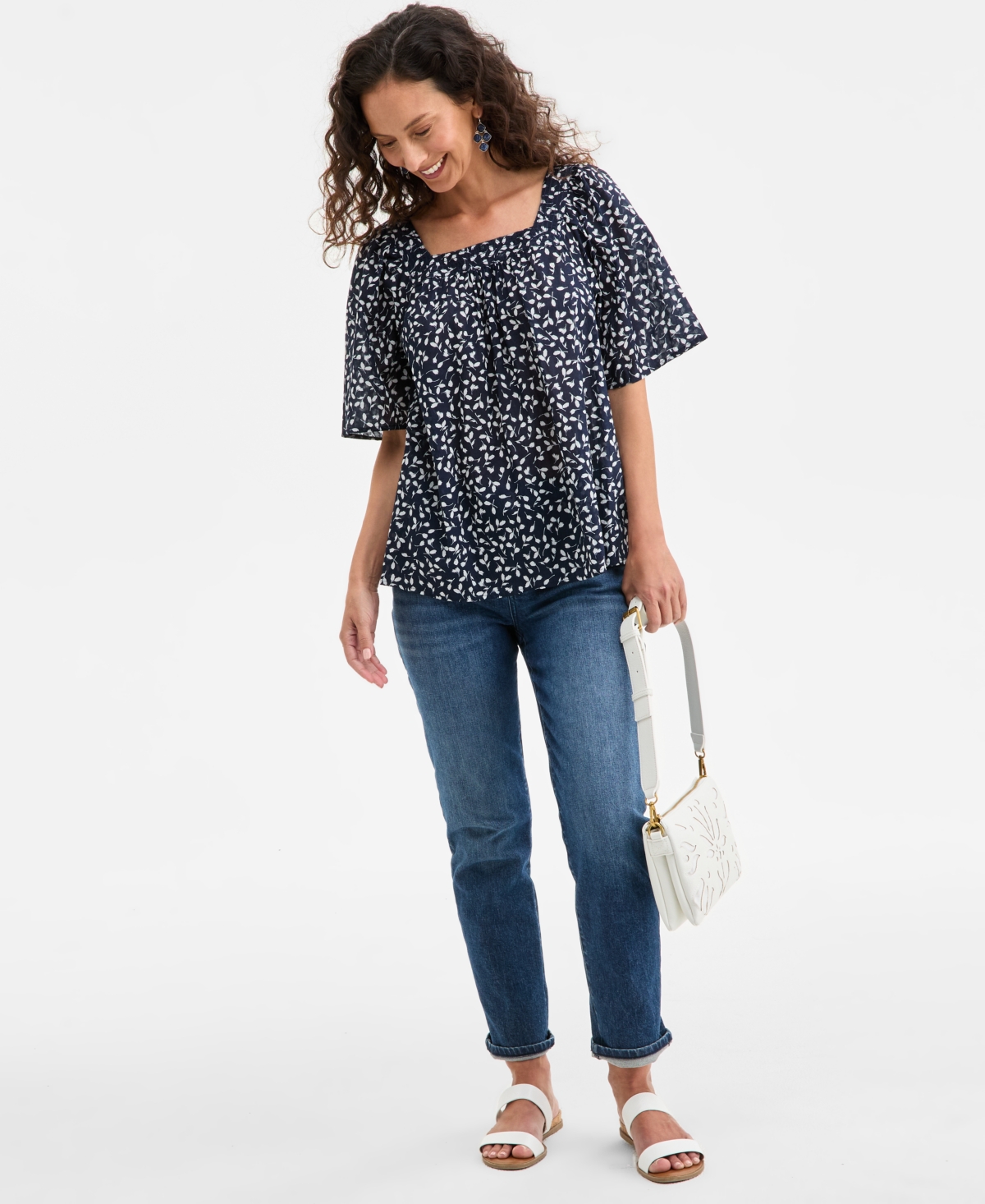 Style & Co Women's Printed Cotton Square-neck Top, Exclusively At Macy's In Fauna Navy