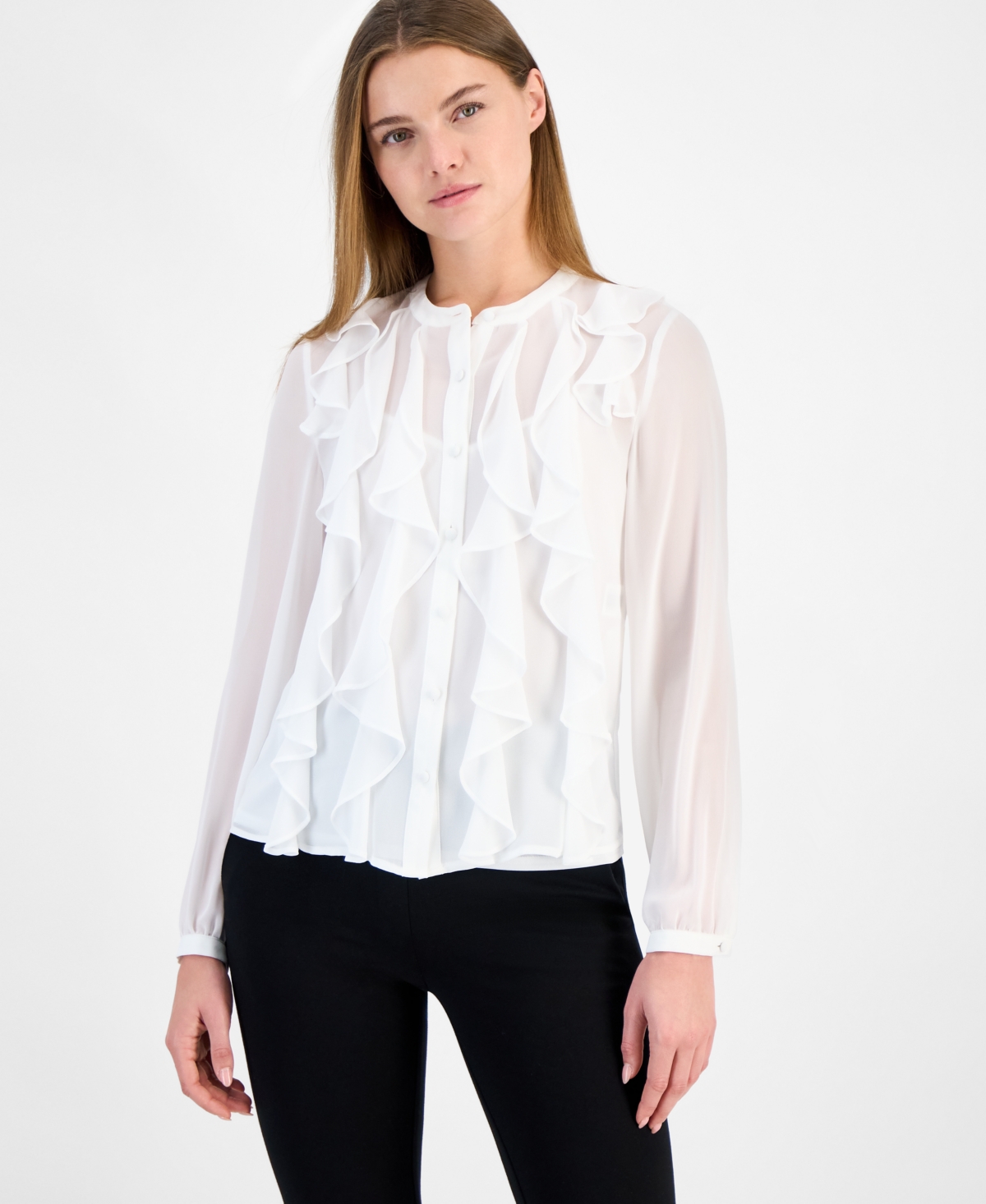 ANNE KLEIN WOMEN'S RUFFLE-FRONT BUTTON-FRONT BLOUSE 