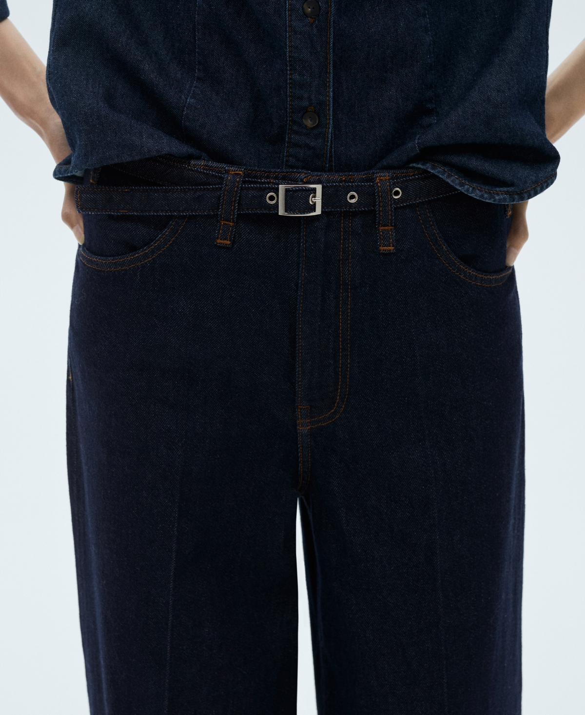 Shop Mango Women's Belted Rinse-wash Wide Leg Jeans In Open Blue