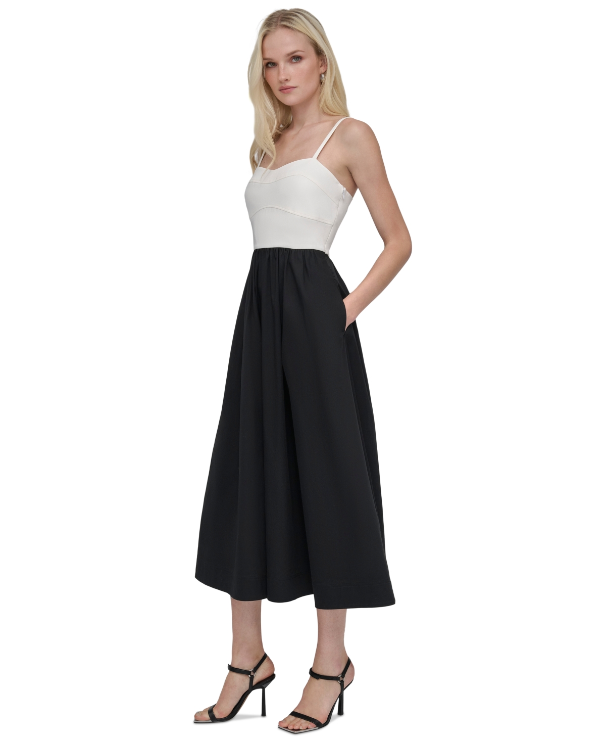 DKNY WOMEN'S COLORBLOCKED BUSTIER SLEEVELESS MIDI DRESS 