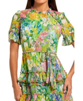 Women's Floral Printed Chiffon Tiered Ruffle Gown