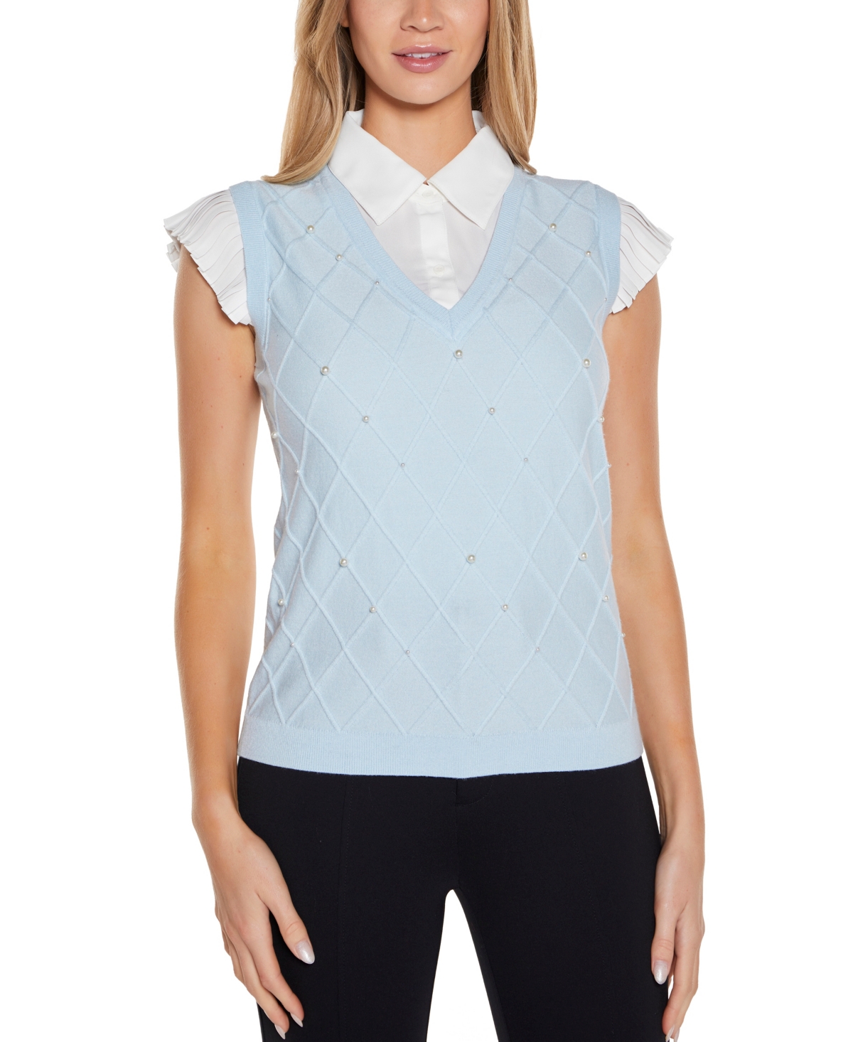 Women's Two-Fer Pullover Sweater - Tropical Sky/White