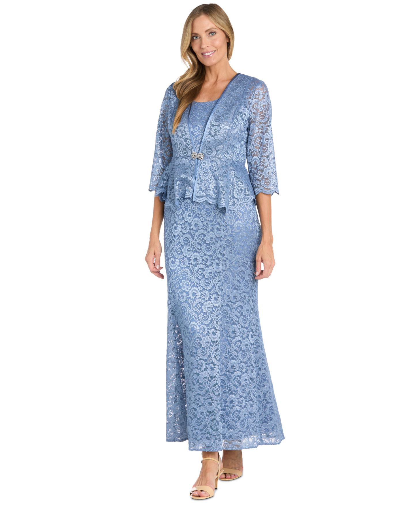 Женские платья R & M Richards 2-Piece Metallic-Lace Gown & Jacket Set, цвет: Синий — фото 1