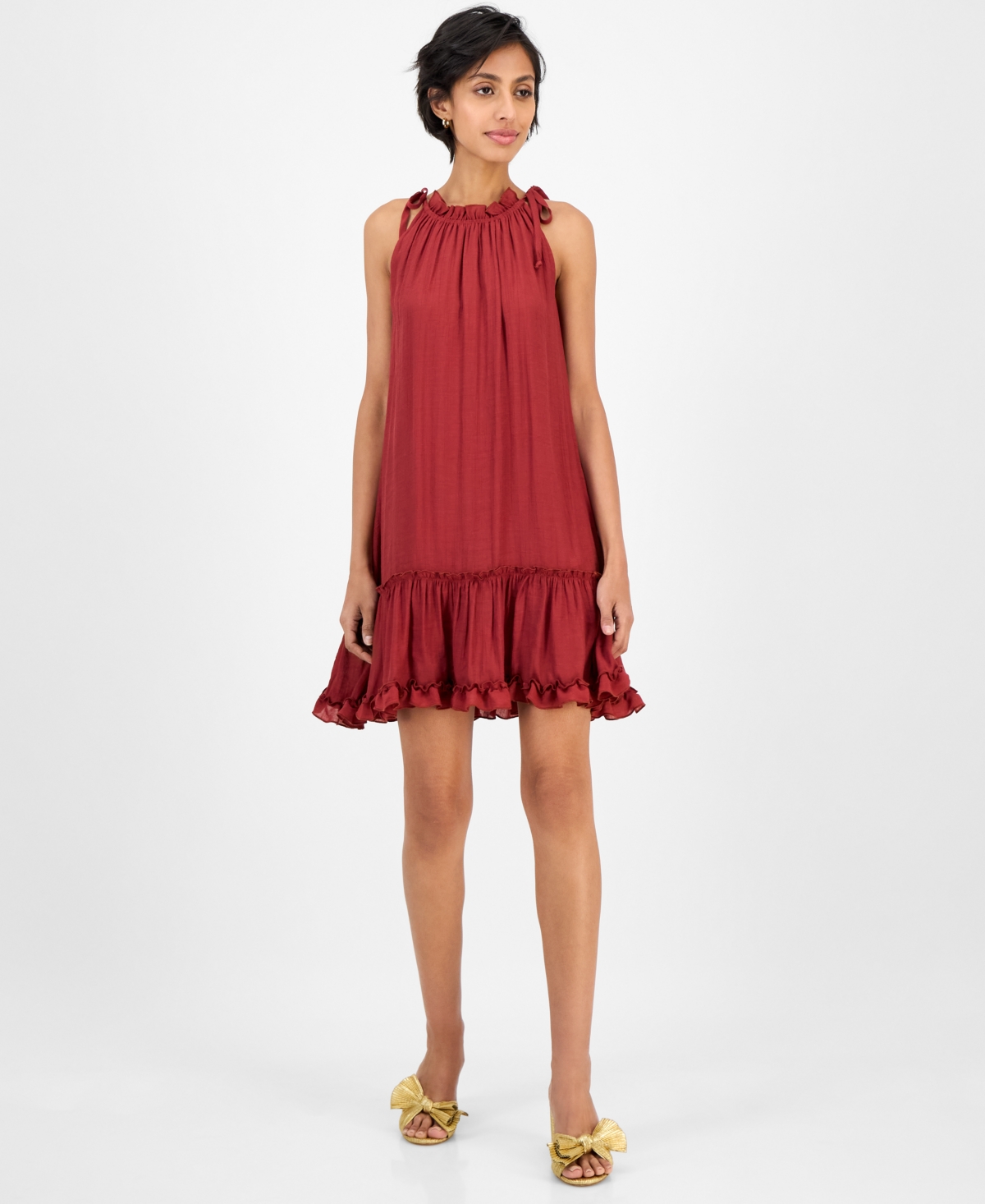 Women's Tiered-Ruffle-Trim A-Line Sleeveless Dress - Terracotta