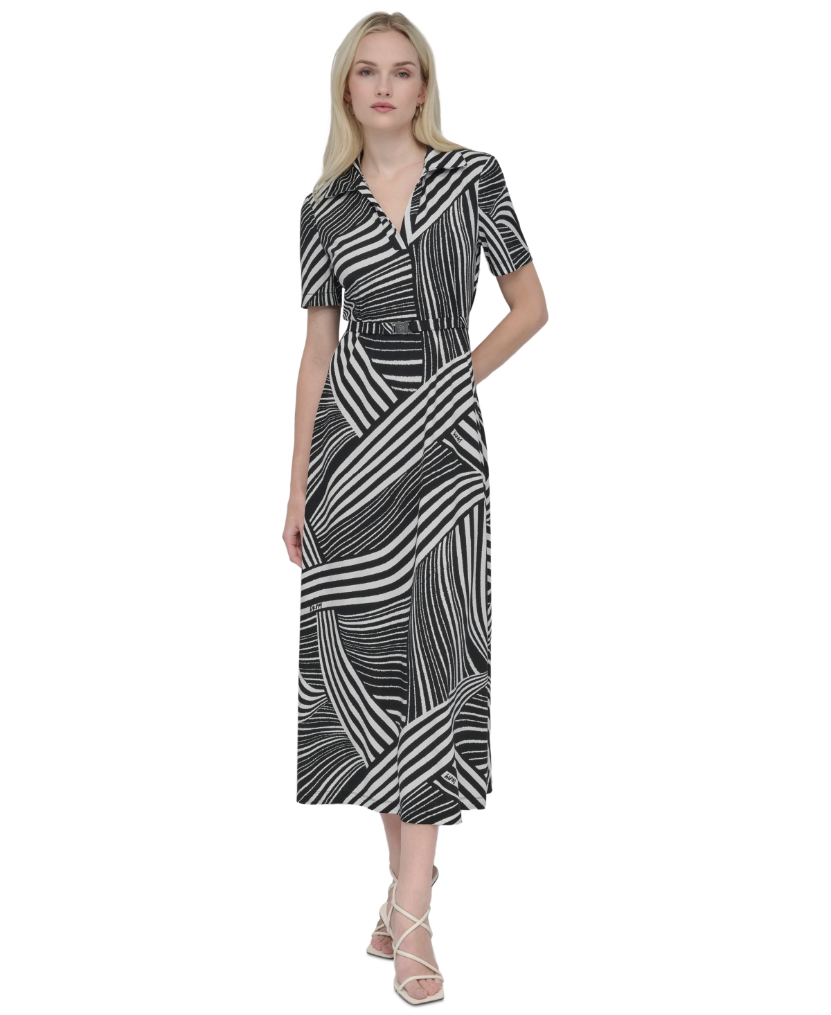DKNY WOMEN'S COLLARED V-NECK BELTED JERSEY MIDI DRESS 