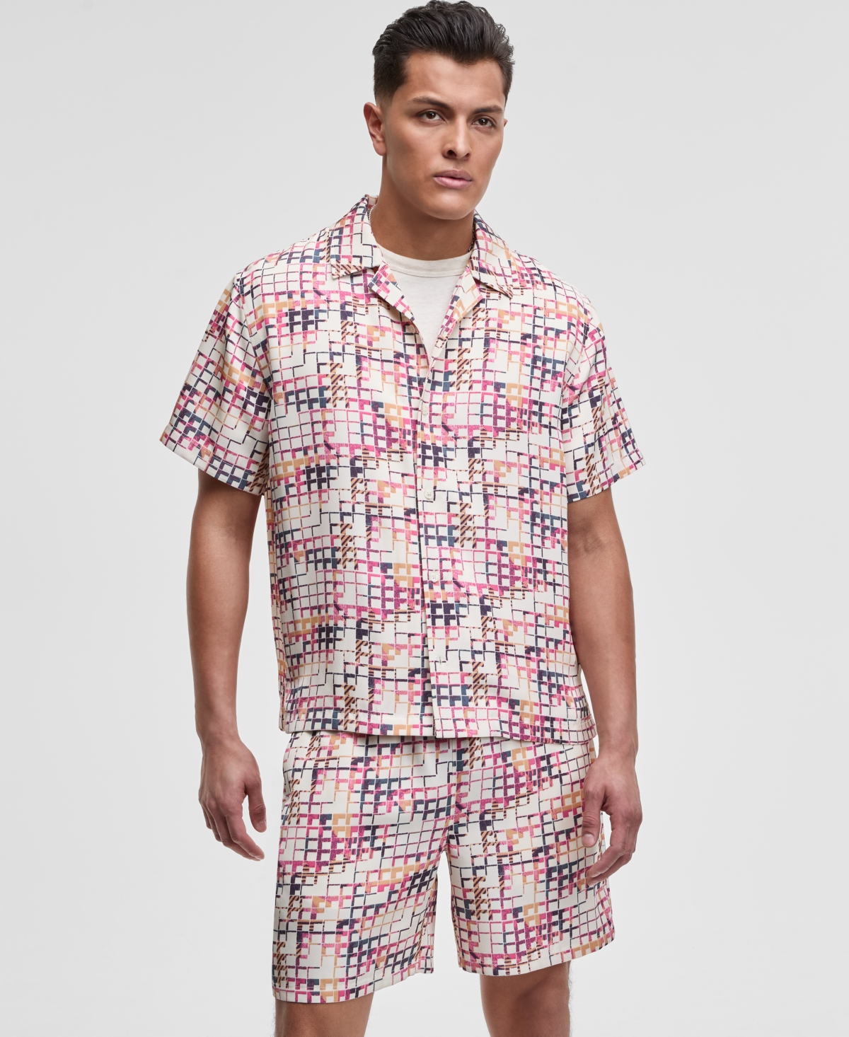 Mode Of One Men's Squared Up Relaxed-fit Geo-print Button-down Shiny Twill Camp Shirt, Exclusively At Macy's In Soft Vanilla