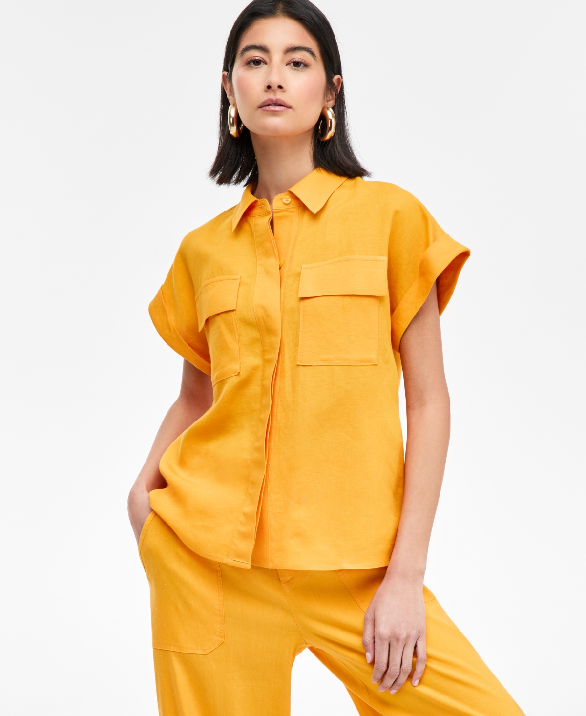 Inc International Concepts Women's Linen-blend Short-sleeve Blouse, Exclusively At Macy's In Bright Honey