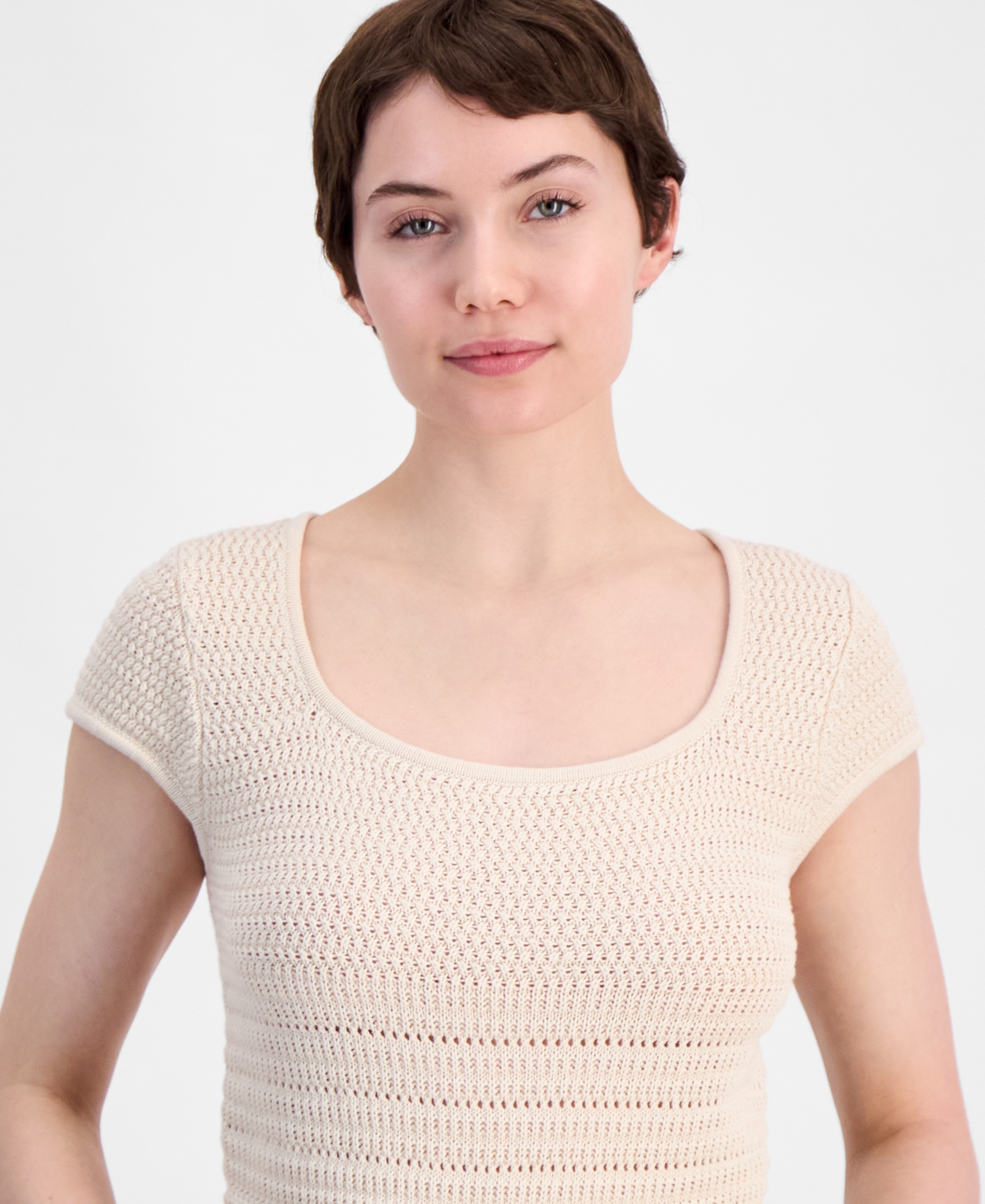 French Connection Nellis Open Stitch Short Sleeve Cotton Sweater In Ecru