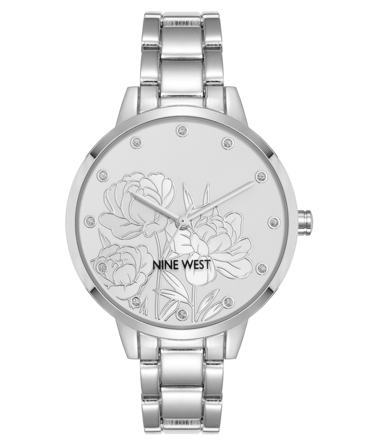 NINE WEST WOMEN'S QUARTZ SILVER-TONE METAL ALLOY EMBOSSED FLORAL DIAL WATCH, 36MM 