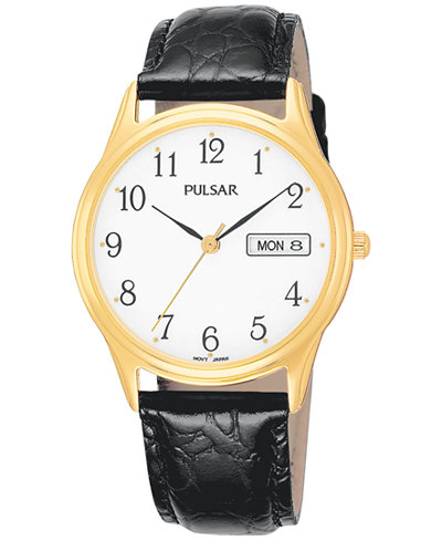 Pulsar Men's Black Leather Strap Watch 34mm PXN080