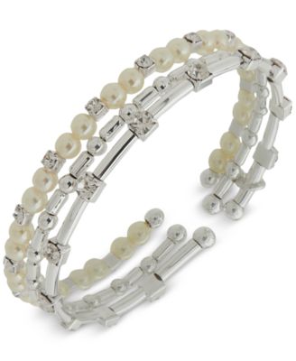 Anne Klein - Silver-Tone 3-Pc. Set Crystal & Imitation Pearl Cuff Bracelets