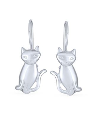 Cute Siamese Kitten Cat Dangle Earrings in Polished Sterling