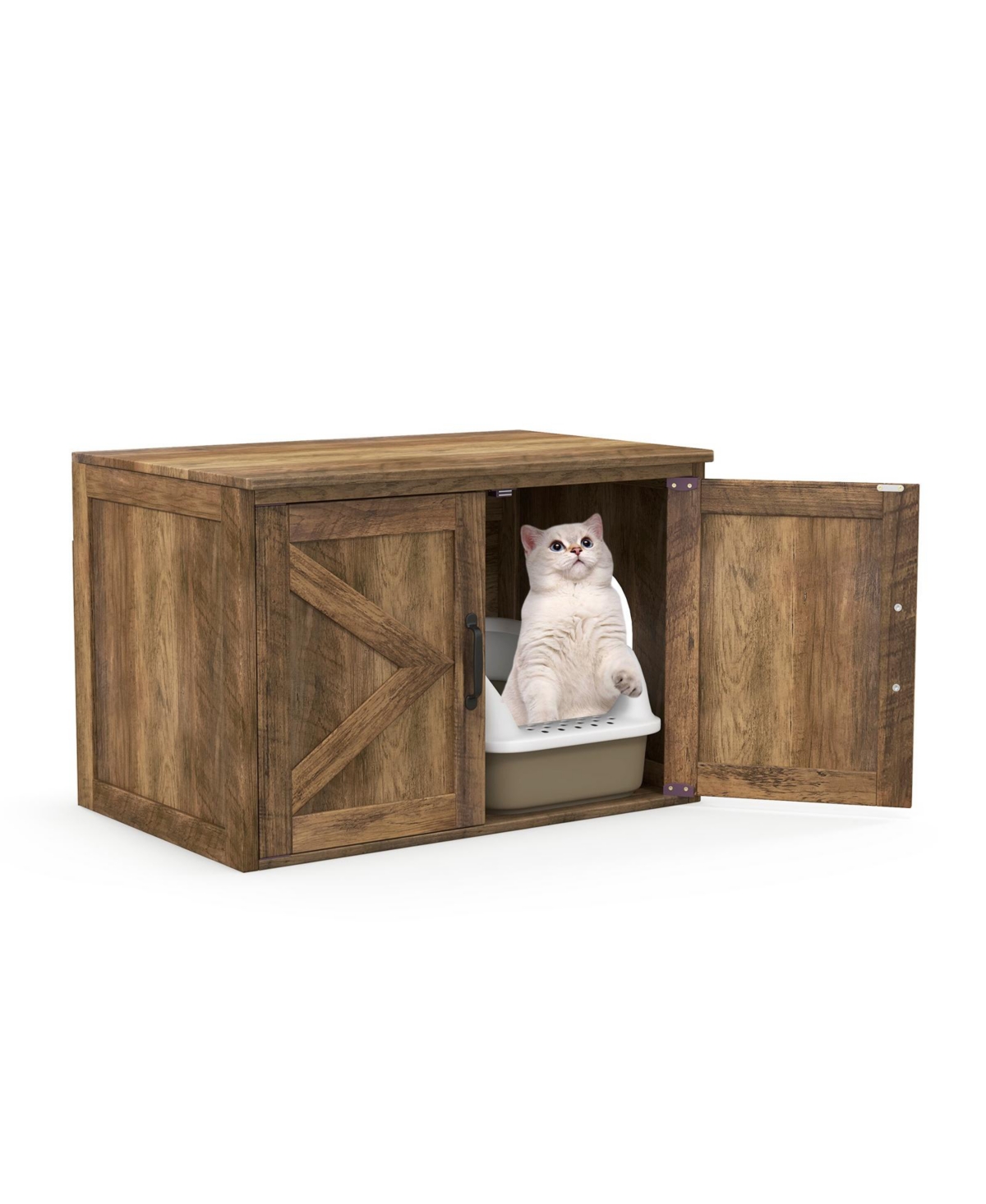 Flip Top Hidden Cat Washroom Furniture with Double Barn Doors and Removable Divider - Oak