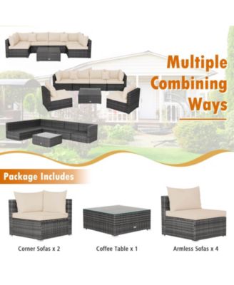 Set of 7 Rattan Furniture Set Sectional Sofa Cushioned Patio