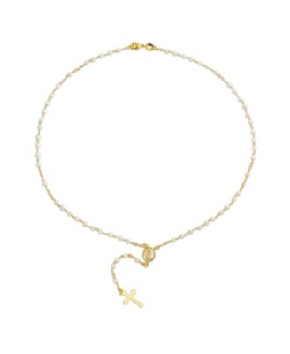 Dainty Religious Guardian Angel Rosary Necklace with White Simulated Pearls Gold Plated Brass