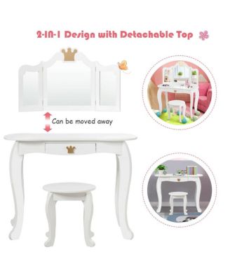 Kids Makeup Dressing Table with Tri-folding Mirror and Stool