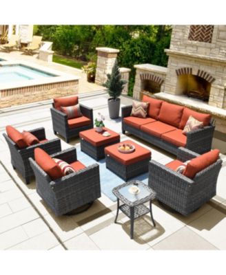 8 Piece Outdoor Wicker Patio Set with High Back Sofa, 360degree(s) Swivel Rocking Chairs & Ottoman for Porch Pool