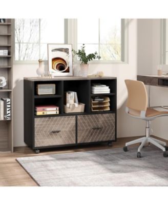 2-Drawer Wood File Cabinet, Mobile Lateral Filing Cabinet for Hanging Letter Size Files, Printer Stand with Open Storage Shelves for Home Office