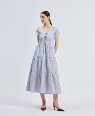 Women's Gathered Tiered Dress with Front-ties - Linen stripes