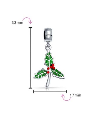 Christmas Charm Bead Green Mistletoe Holly Dangle Sterling Silver for Bracelets