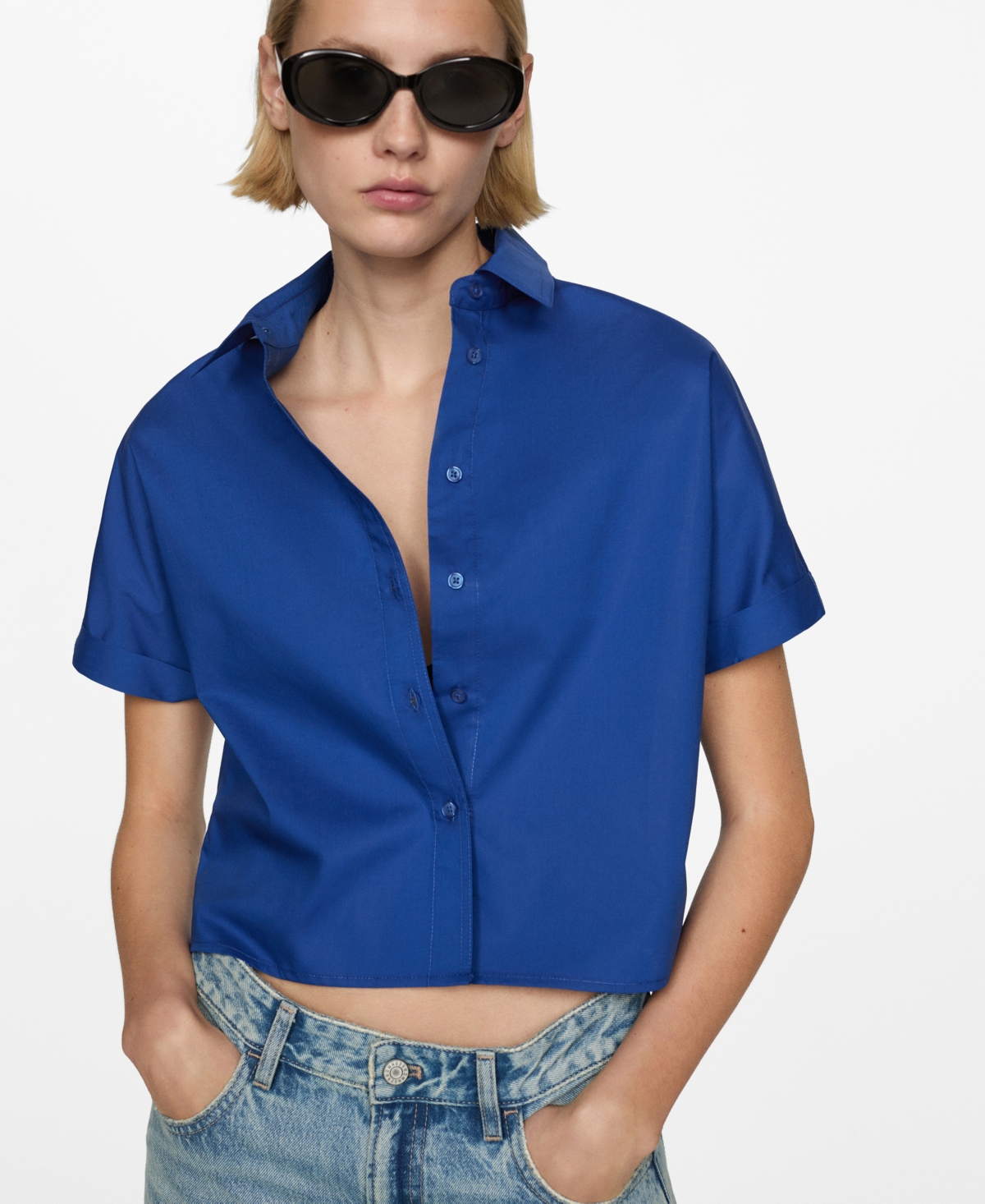 Mango Crop Cotton Poplin Button-up Shirt In Blue