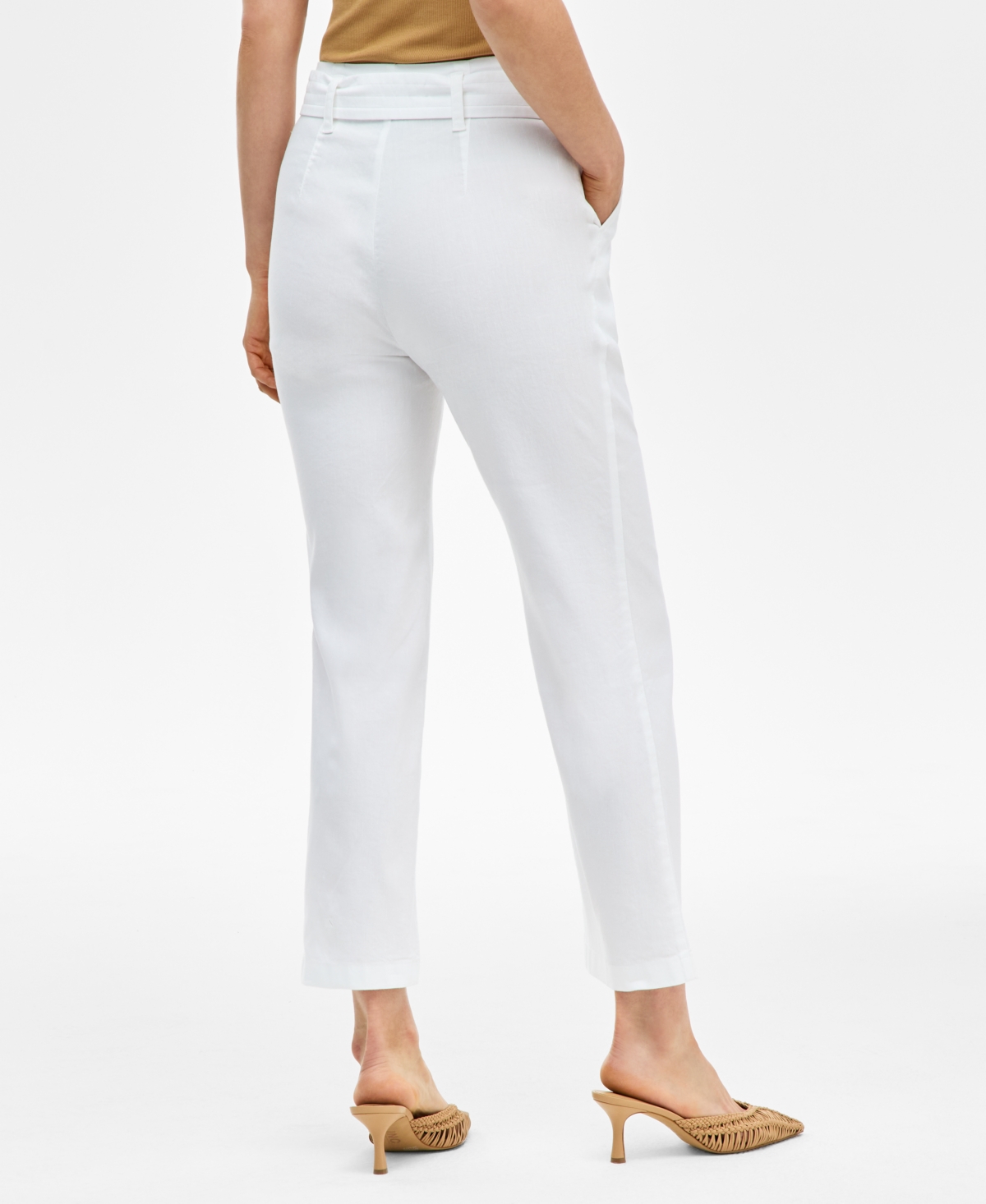 Inc International Concepts Women's Belted Linen-blend Cropped Pants, Exclusively At Macy's In Bright White