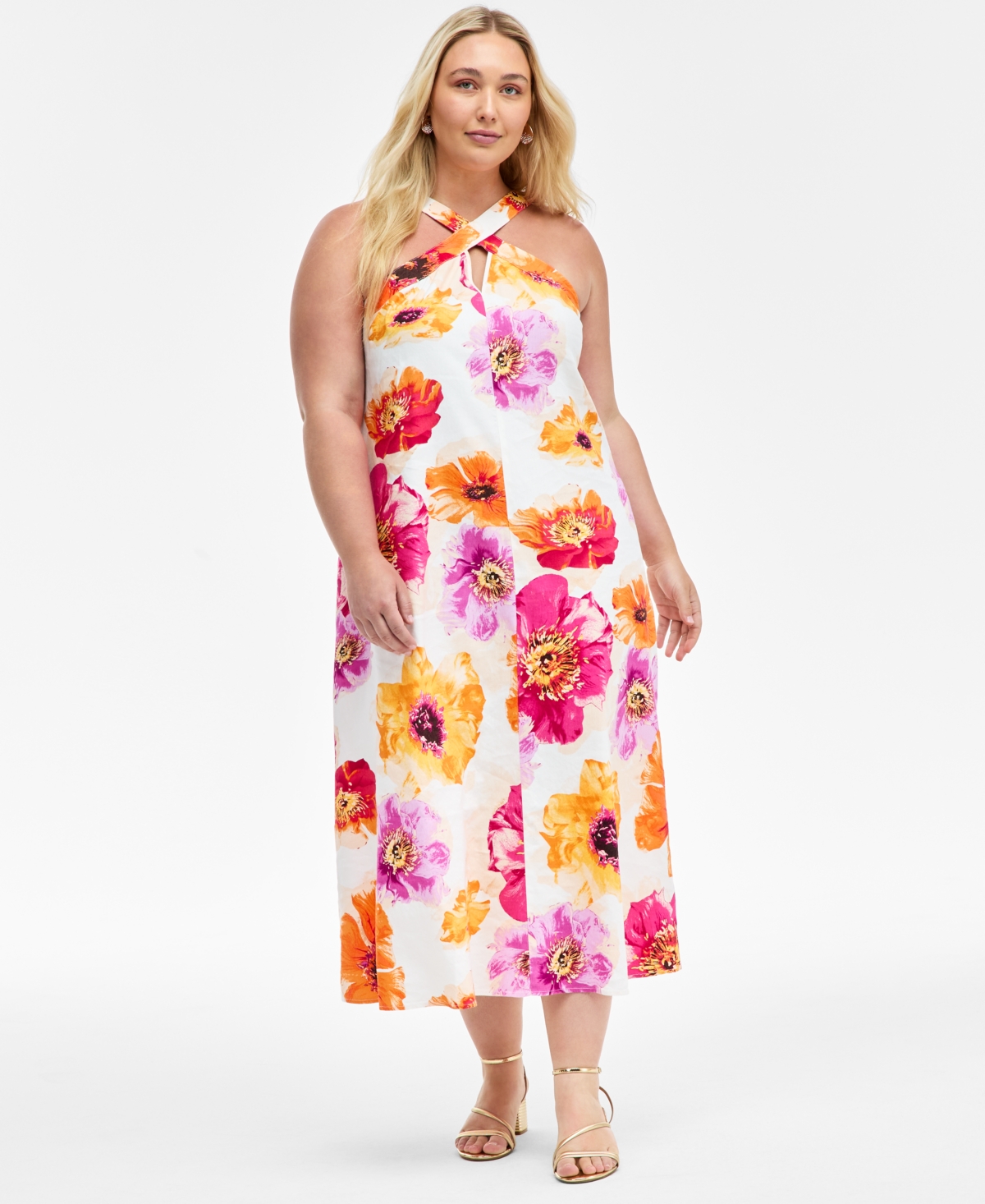 INC INTERNATIONAL CONCEPTS PLUS SIZE PRINTED CROSS-NECK HALTER MAXI DRESS, EXCLUSIVELY AT MACY'S 
