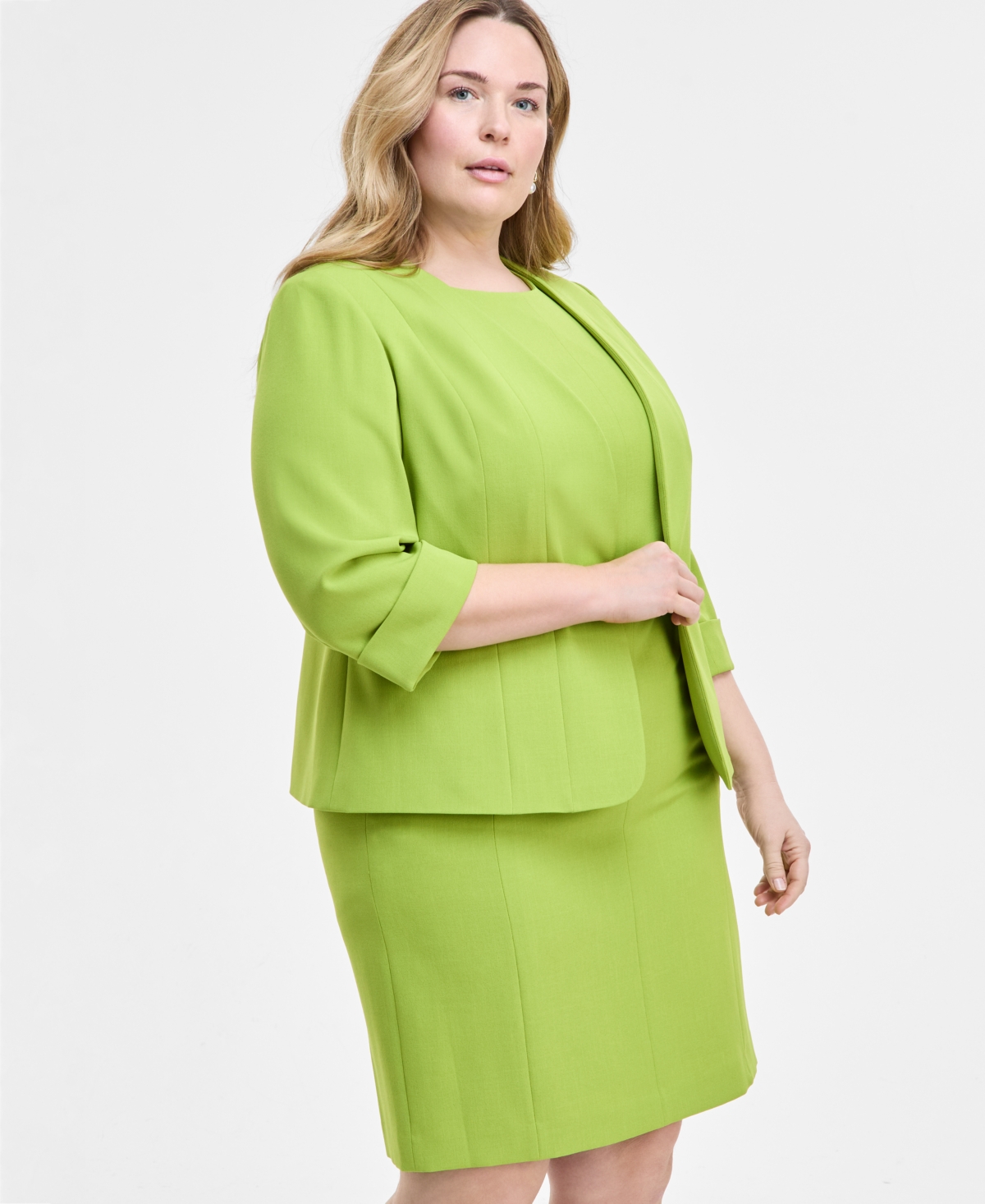 Kasper Plus Size Cuffed Open-front Multi-seam Blazer In Kiwi