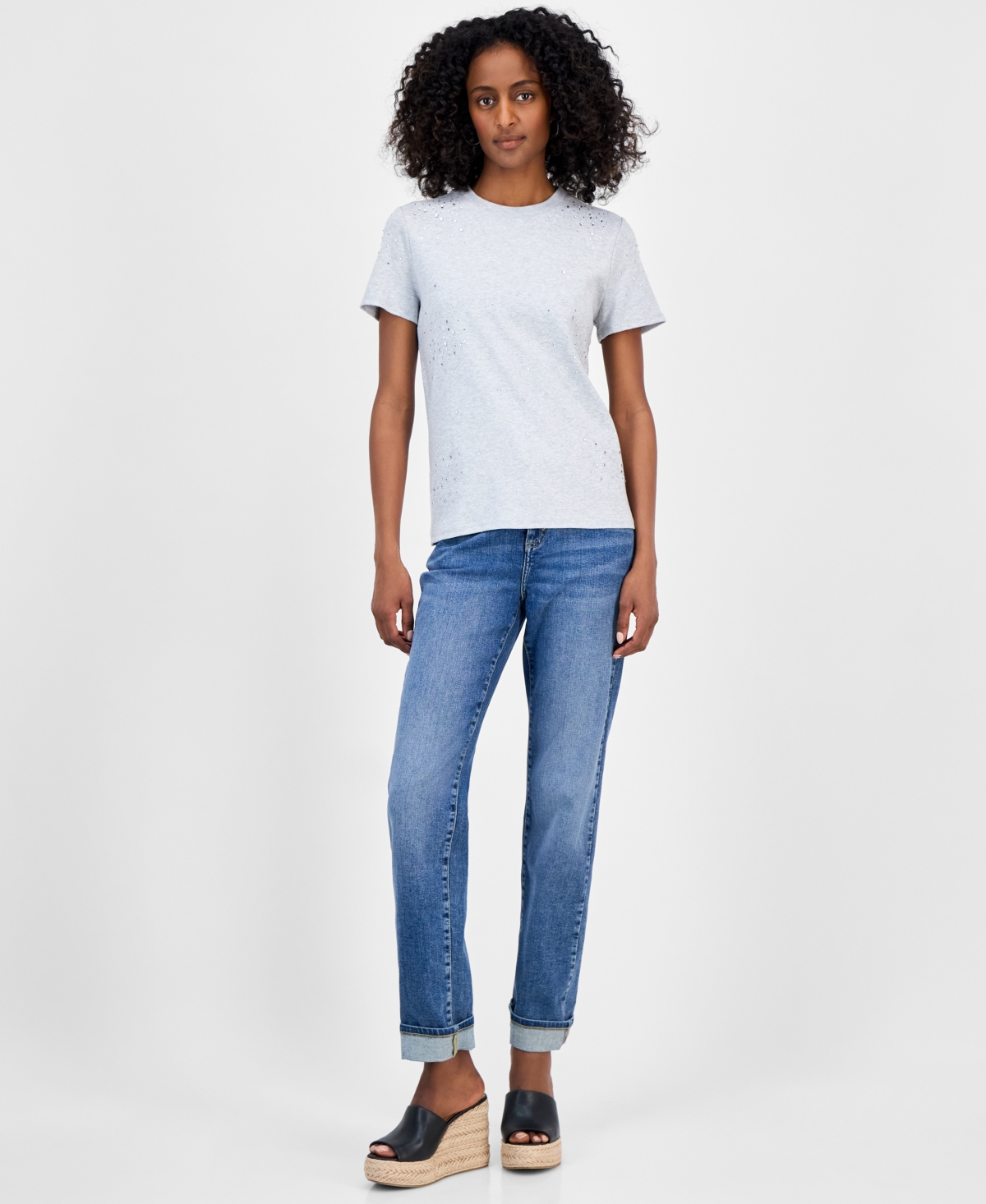 Inc International Concepts Women's Cotton Embellished T-shirt, Exclusively At Macy's In White