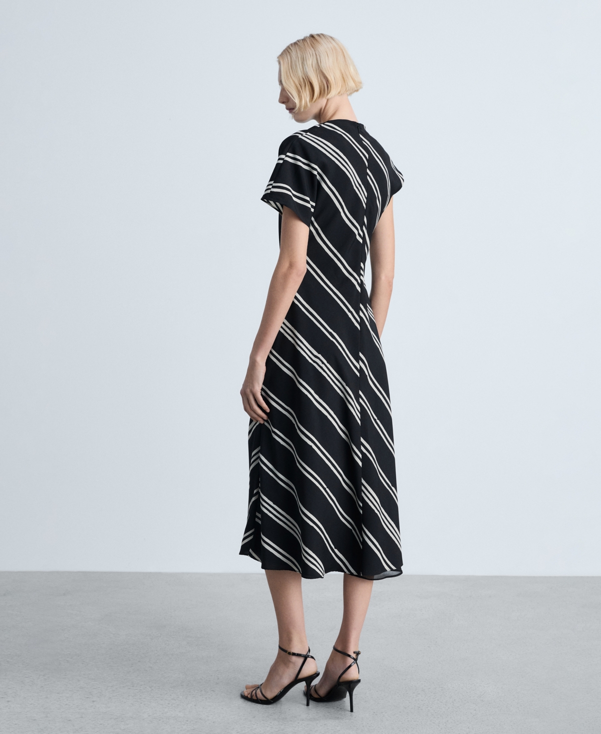Mango Stripe Asymmetric Sleeve Midi Dress In Black