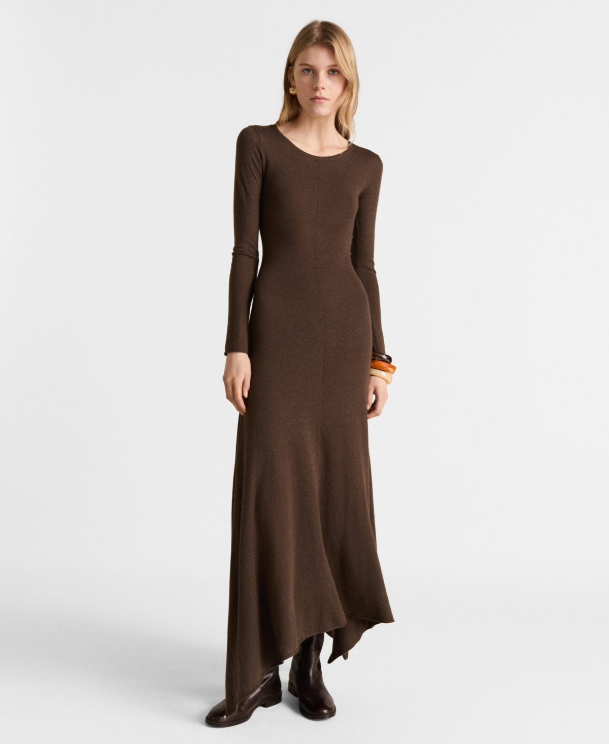 Women's Asymmetrical Low Knit Dress - Caramel