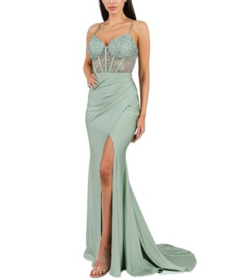 Juniors' Strappy Sequinned-Lace Illusion-Corset Maxi Dress