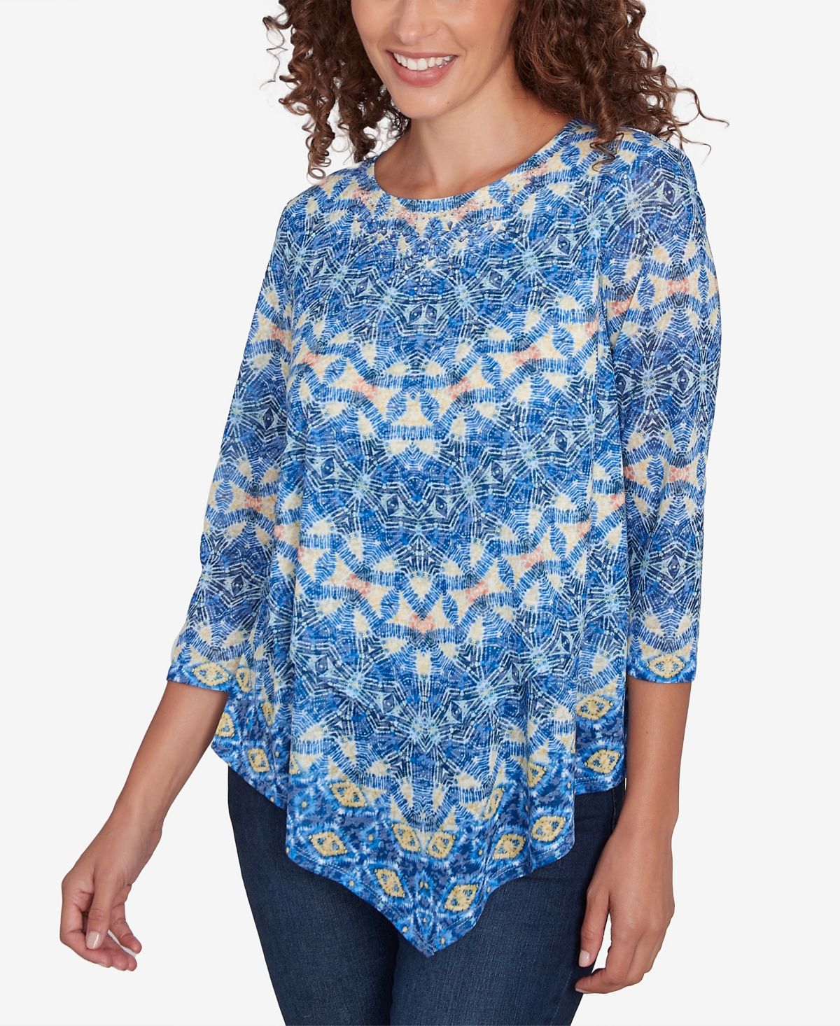 Ruby Rd. Petite Chevron Burnout Knit Crew Neck Top In Blue