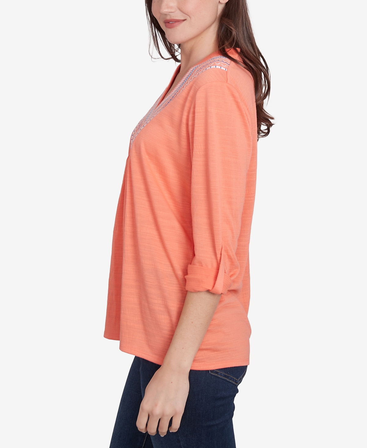 Ruby Rd. Petite Soft Relaxed Textured Trim V-neck Top In Orange Pop