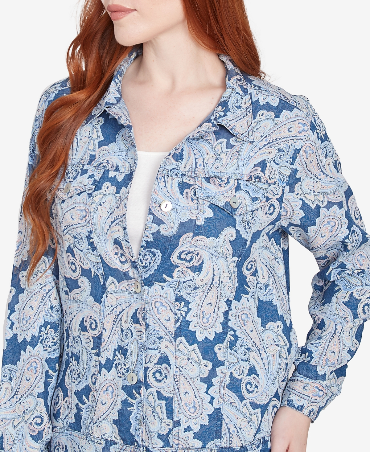 Ruby Rd. Petite Baroque Paisley Soft Button Long Sleeve Jacket In Dark Chambray Multi
