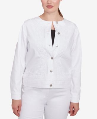 Petite Dark Stretch Denim Embroidered Jacket