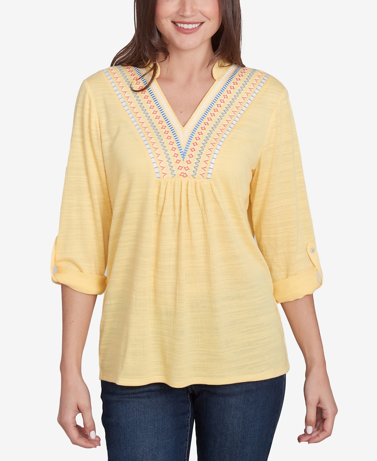 Ruby Rd. Petite Soft Relaxed Textured Trim V-neck Top In Lemon