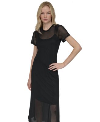 Women's Mesh Jewel-Neck Short-Sleeve Midi Dress